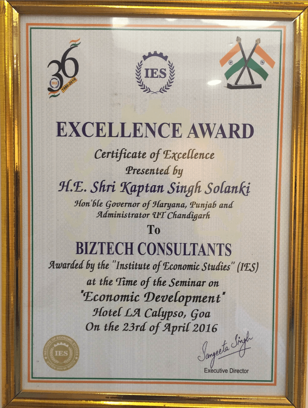 IES Excellence Award certificate presented to Biztech Consultants at Seminar on Economic Development, Goa 2016